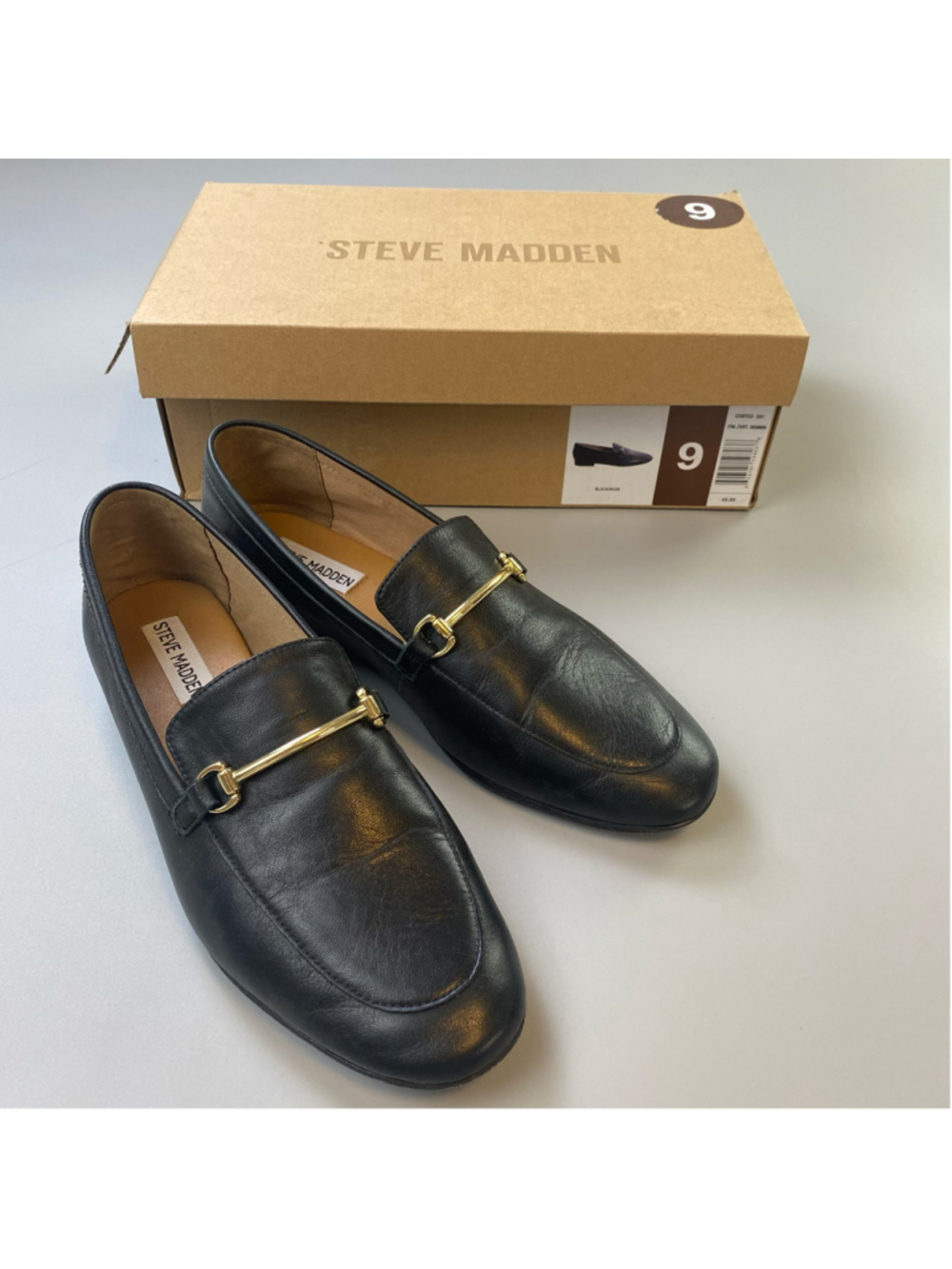 Steve Madden Loafers Womens 9 Black Gold Leather Classic Preppy Horsebit Minimal